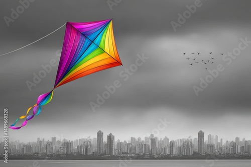 A tricolor kite flying high above a bustling city skyline