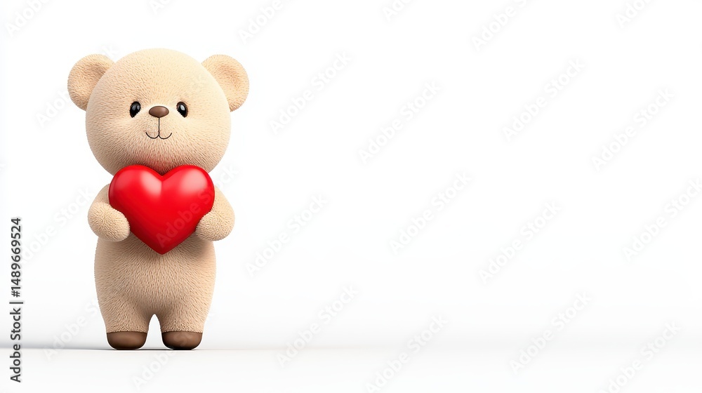 Fototapeta premium Adorable Beige Teddy Bear Holding a Red Heart Against a White Background