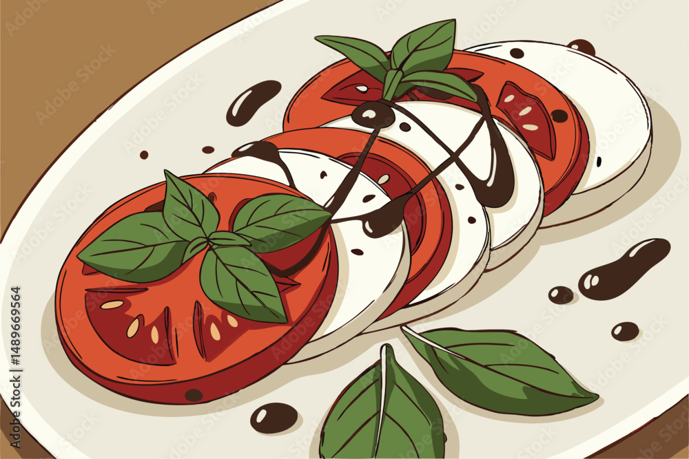 28 tomatoes, fresh basil leaves, drizzled balsamic glaze, high contrast, sharp focus, professional food photography, appetizing, exquisite plating, mouthwatering, close-up, rustic background