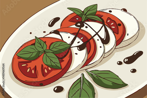 28 tomatoes, fresh basil leaves, drizzled balsamic glaze, high contrast, sharp focus, professional food photography, appetizing, exquisite plating, mouthwatering, close-up, rustic background