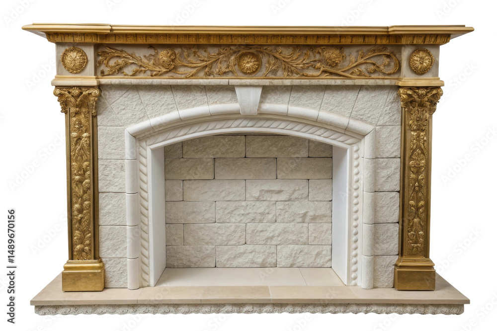 Fototapeta premium PNG Ornate stone fireplace with golden carved details and classical design