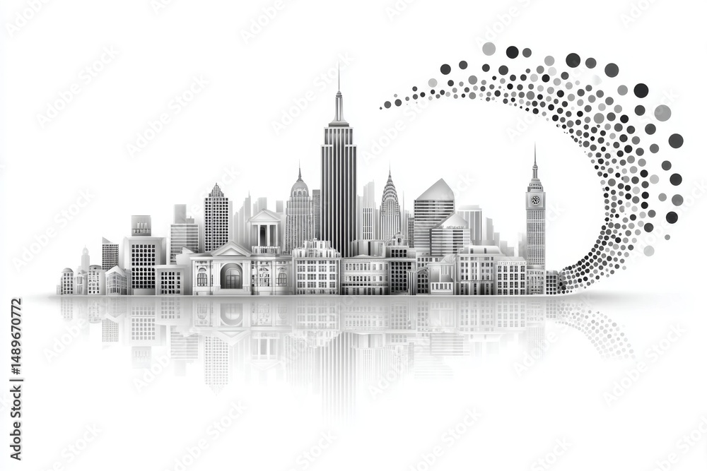 Fototapeta premium a minimalist icon of population density with dots growing thicker over a city silhouette