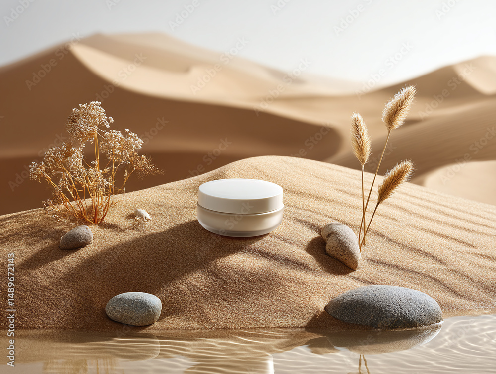 Fototapeta premium White Round Cream Jar on Sandy Dunes