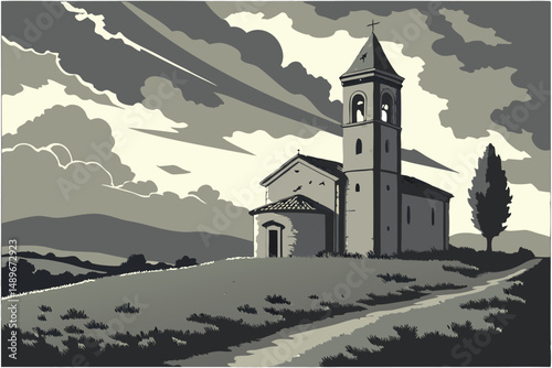 30 dramatic sky with sunlight bursting through clouds, medieval church with bell tower on grassy field, beautiful landscape, moody atmospheric lighting, intricate details, cinematic, photorealistic