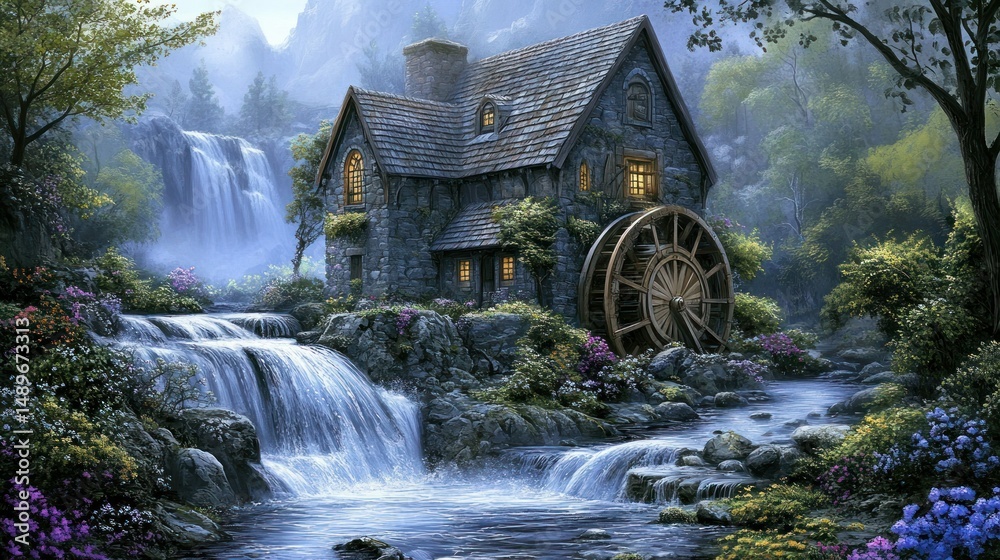 Fototapeta premium Enchanted mountain chalet with waterfall