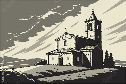 30 dramatic sky with sunlight bursting through clouds, medieval church with bell tower on grassy field, beautiful landscape, moody atmospheric lighting, intricate details, cinematic, photorealistic