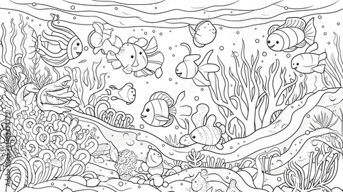 Fototapeta Naklejka Na Ścianę i Meble -  100. Happy cartoon coral reef with smiling sea creatures, outlined in bold black and white line art for coloring fun