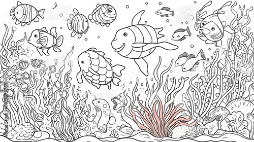 100. Happy cartoon coral reef with smiling sea creatures, outlined in bold black and white line art for coloring fun