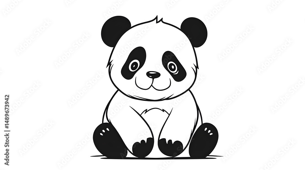 Naklejka premium 4. Cute panda sitting and waving, drawn with simple bold black outlines and no shading for a children s coloring book on a white background