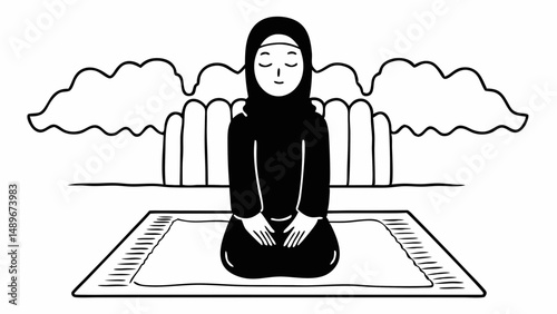 Illustration of a muslim woman praying on a rug with a background of clouds and pillars art created with generated ai