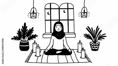 Illustration of a woman wearing a hijab meditating on a mat with hands in prayer position in black and white created with generated ai