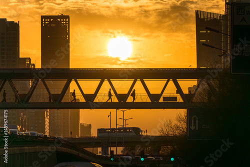 Urban silhouettes of overpasses at dusk in Beijing, China