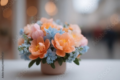 close-up of vibrant flower bouquet on minimalist white table in floristic workshop with blurred florists and customers