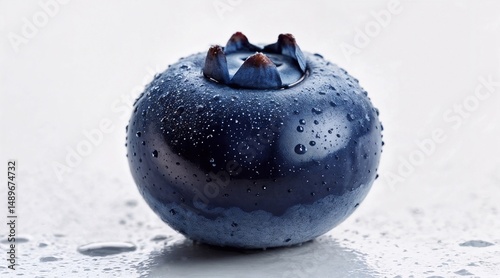 One blueberry close-up with water drops on wet reflective surface on white background.