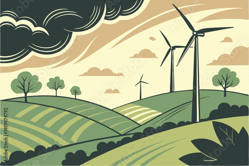 31 wind turbines, green fields, clouds, sky, renewable energy, scenic landscape, dramatic lighting, environmental conservation, serene countryside