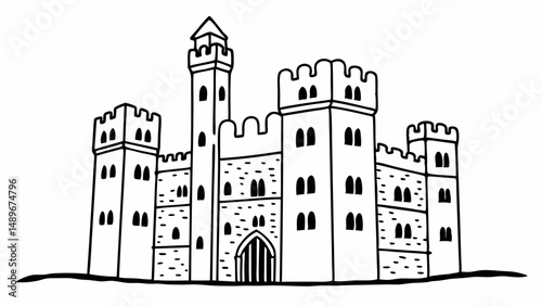 Illustration of a medieval castle with towers and crenellations in black and white outline style created with generated ai