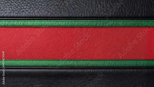 Black leather with green and red sections. Black leather has textured, wrinkled appearance.
