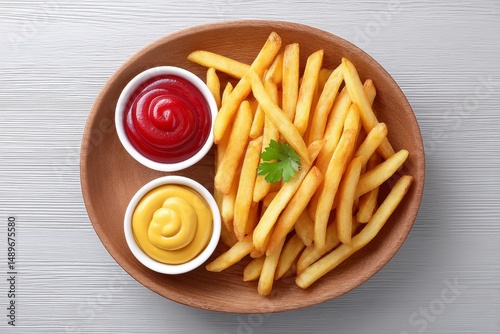 a realistic photo of freshly fried crispy fries served with ketchup and mustard on a wooden plate