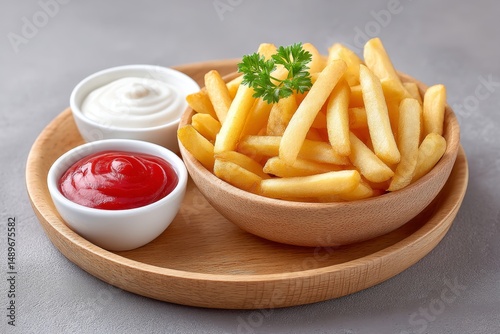 a realistic photo of freshly fried crispy fries served with ketchup and mustard on a wooden plate