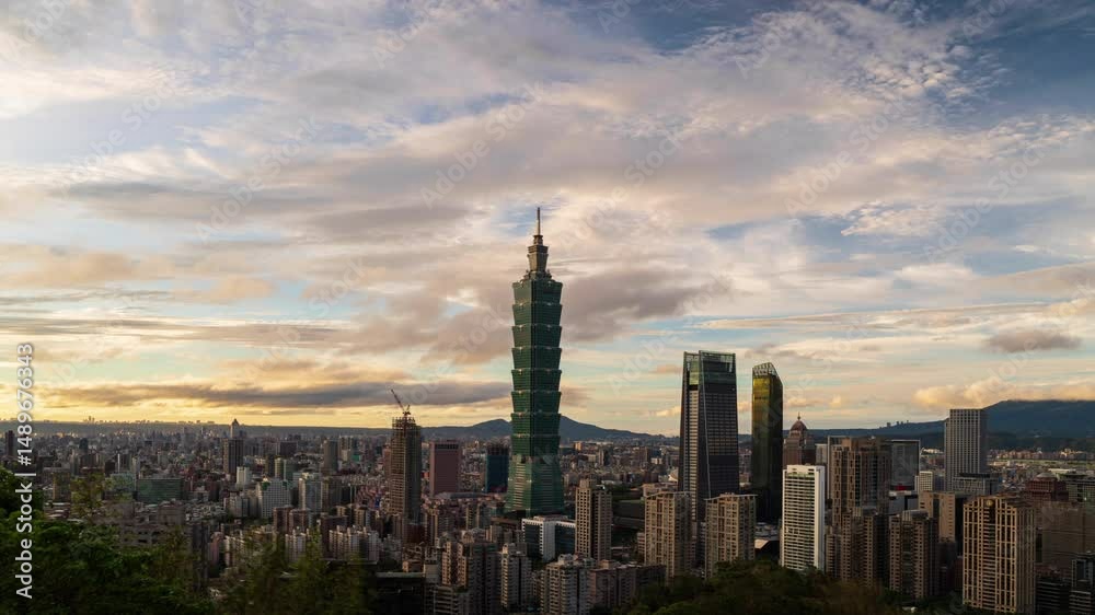 custom made wallpaper toronto digitalTime Lapse A breathtaking view of Taipei city during sunset, showcasing Taipei 101 and surrounding modern skyscrapers under a dramatic sky with scattered clouds and warm golden hues. 4K