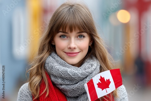 a realistic portrait of a proud canadian citizen holding a flag in front of their home