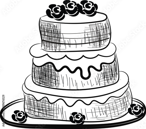 Hand Drawn Sketch of a Three Tiered Wedding Cake with Roses
