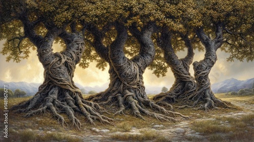 Ancient entwined trees, sunset hills, peaceful landscape, fantasy art