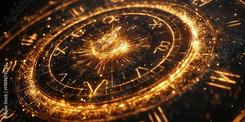 Golden, glowing clock face, intricate details