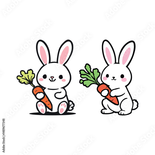 Cute cartoon bunny rabbits holding carrots vector illustration easter spring animals kawaii art drawing