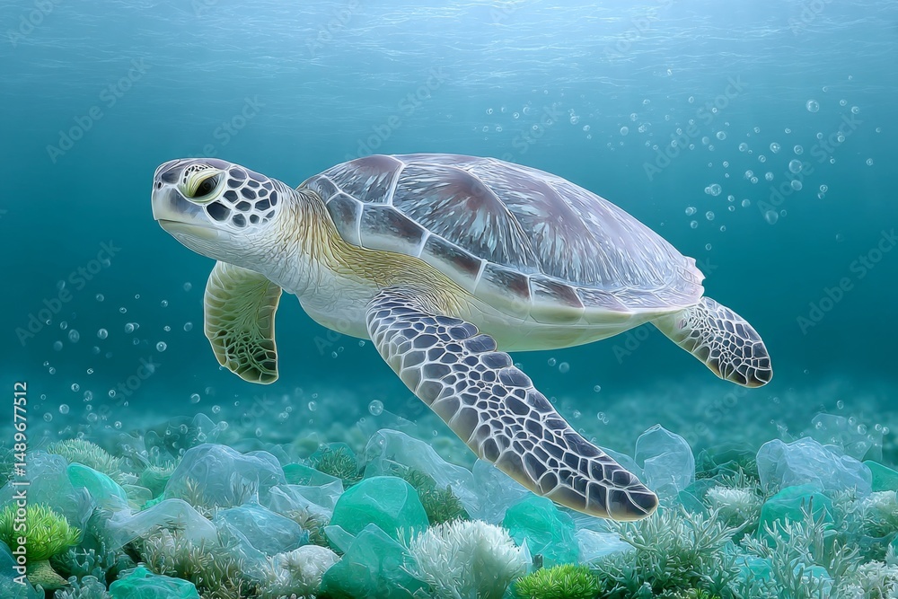Fototapeta premium a realistic underwater image showing a sea turtle entangled in plastic waste