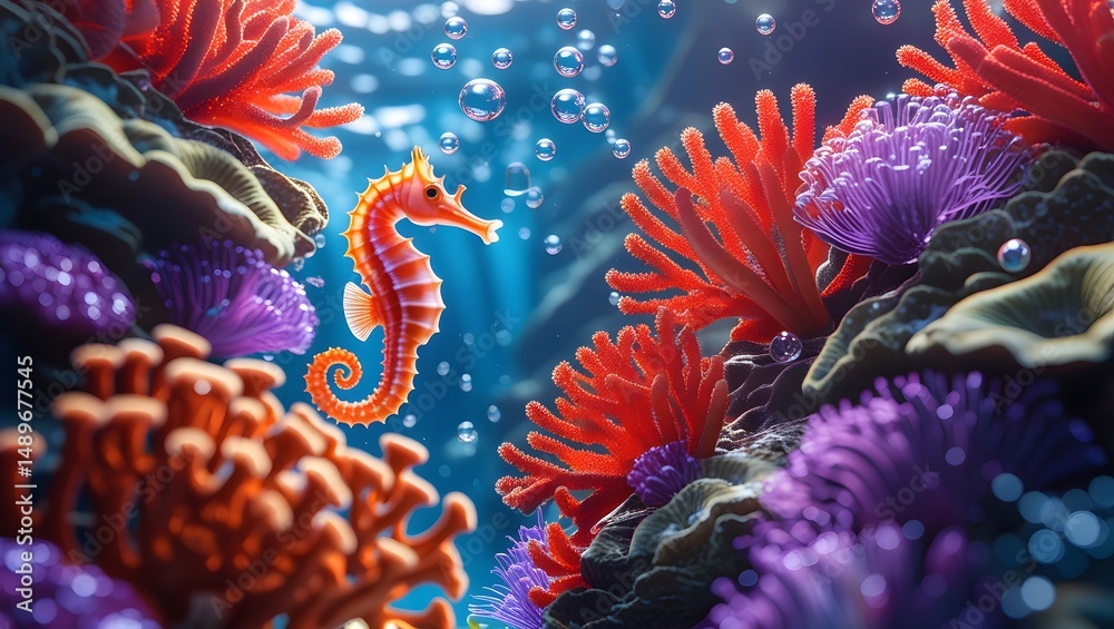 Obraz premium Magnificent Seahorse in Vibrant Coral Reef Underwater Paradise