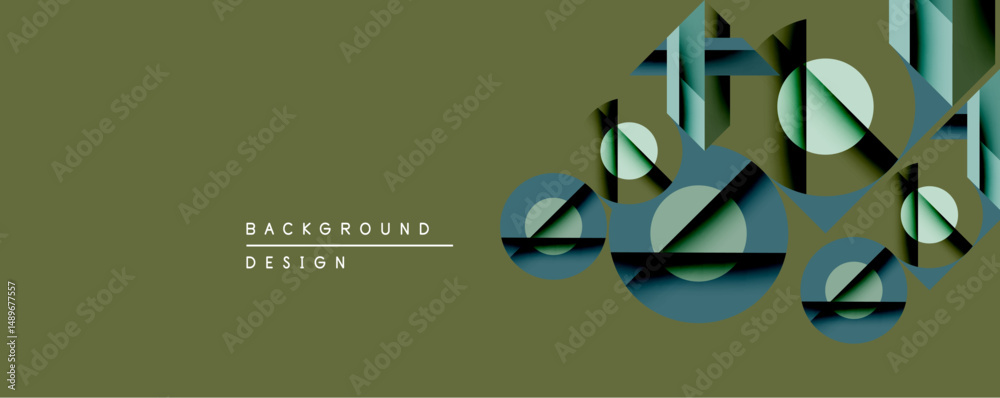 Fototapeta premium Abstract geometric composition. Overlapping circles, rectangles create layered depth. Muted teal, olive tones dominate design. Minimalist aesthetic, modern feel. Background suggests digital art creati