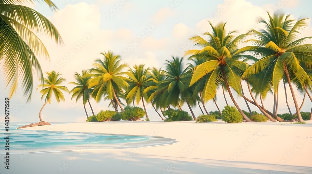 Fototapeta premium A serene beach scene features a row of lush palm trees gently swaying along a pristine, white sandy shore. The tranquil turquoise waters lap softly against the beach under a clear, sunny sky.