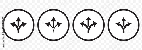 Trafic way icon isolated Road arrow Stencil vector stock illustration. Three way direction arrow choice path decision making navigation route options diverging point concept icon Set. EPS 10