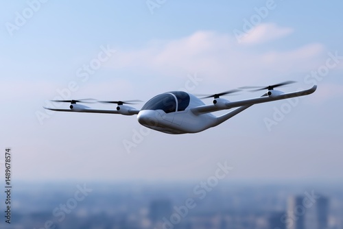 Futuristic urban air mobility with drone-like evtol aircraft in sky
