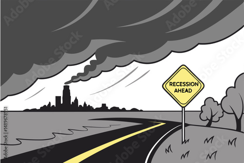34 dramatic storm clouds, ominous receding coastline, highway leading to a city skyline, yellow road sign with RECESSION AHEAD text, post-apocalyptic, dystopian, cinematic, gloomy, moody