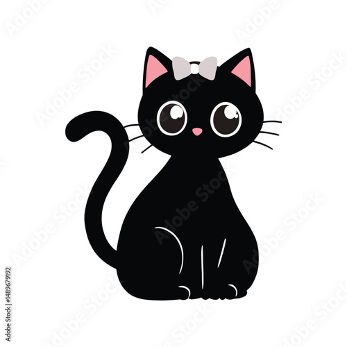 Cute black cat with bow vector illustration adorable kitten pet animal domestic feline design graphic art