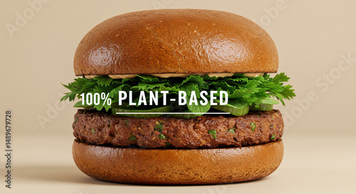 Delicious 100 percent plant based burger on wheat bun with fresh lettuce for vegan lifestyle