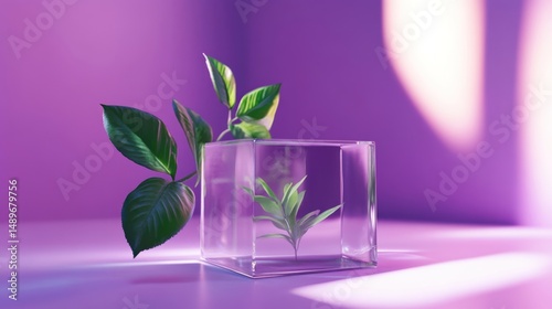 Plants in glass cube, purple background, studio lighting, product display