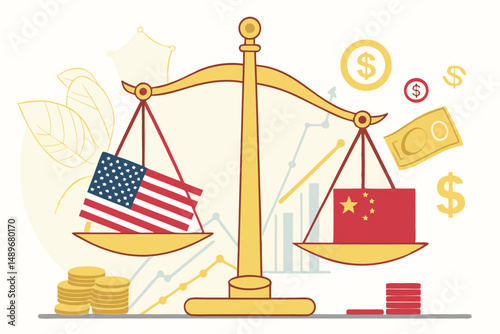 35 A golden scale with the flags of the United States of America and China balancing on either side, surrounded by financial charts and graphs, with icons representing tariffs and trade