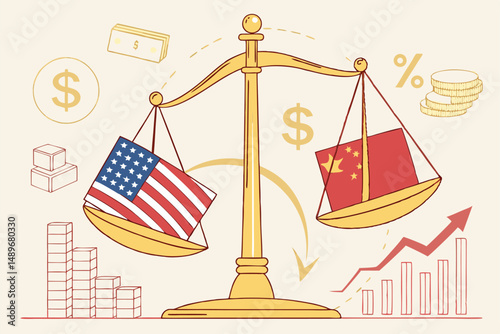 35 A golden scale with the flags of the United States of America and China balancing on either side, surrounded by financial charts and graphs, with icons representing tariffs and trade
