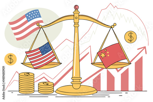 35 A golden scale with the flags of the United States of America and China balancing on either side, surrounded by financial charts and graphs, with icons representing tariffs and trade