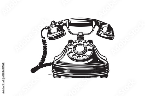 Vintage orange telephone with handset lifted line art