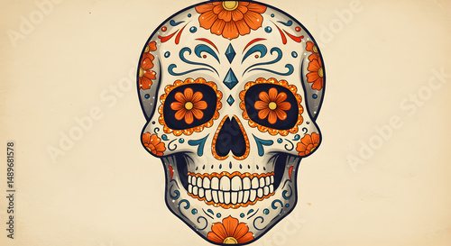 Intricately Decorated Colorful Mexican Sugar Skull Illustration Celebrating Day of the Dead Tradition