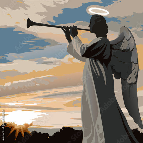 Angel blowing a trumpet at sunrise, spiritual and peaceful illustration perfect for religious and inspirational themes. photo
