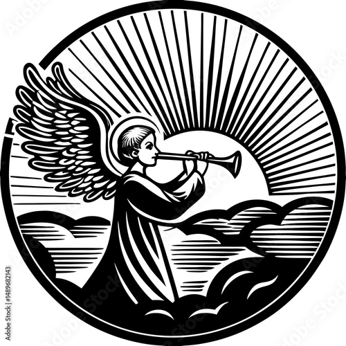 Angel blowing a trumpet at sunrise, spiritual and peaceful illustration perfect for religious and inspirational themes. photo