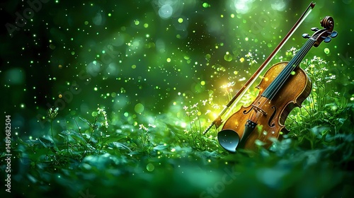 Wallpaper Mural Lush green forest backdrop highlights a violin resting on grass. Torontodigital.ca