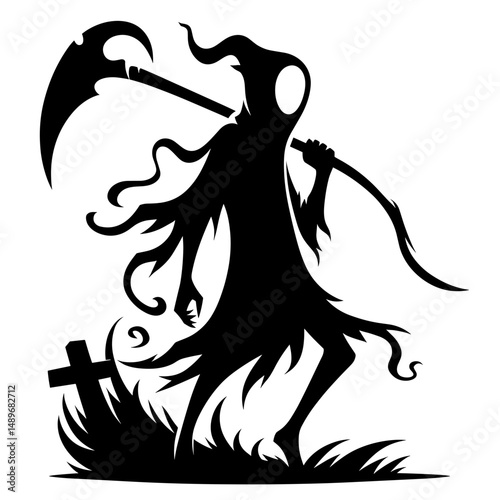 Grim reaper in graveyard with flowing cloak
