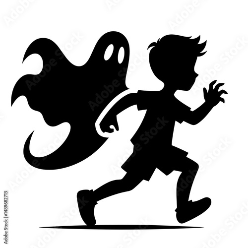 Boy running away from friendly Halloween ghost