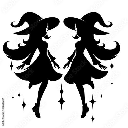 Magical twin witches levitating with sparkle